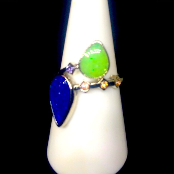 Lime Green & Blue Opal W/ Beautiful Lil Diamond Wrap-A-Ring - Picture 2 of 4